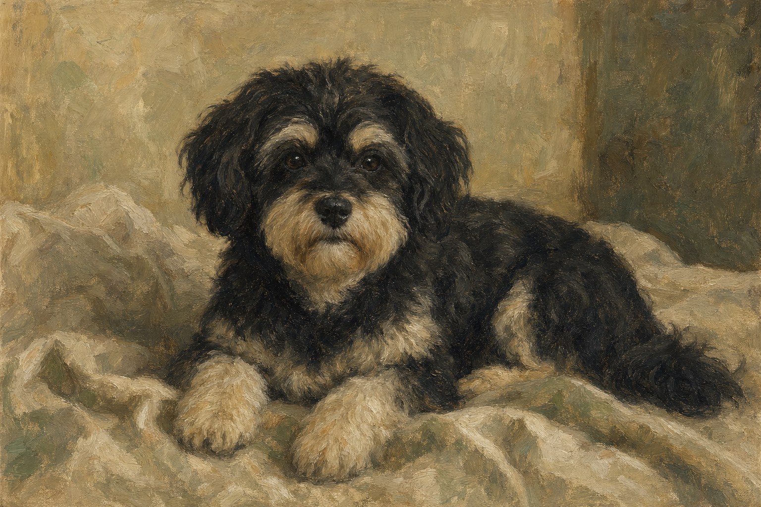 Illustrative painterly portrait of a small dog on linen