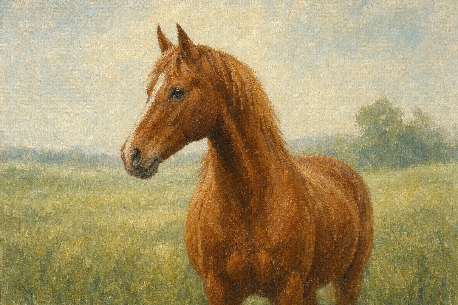 Illustrative painterly portrait of a chestnut horse in a field