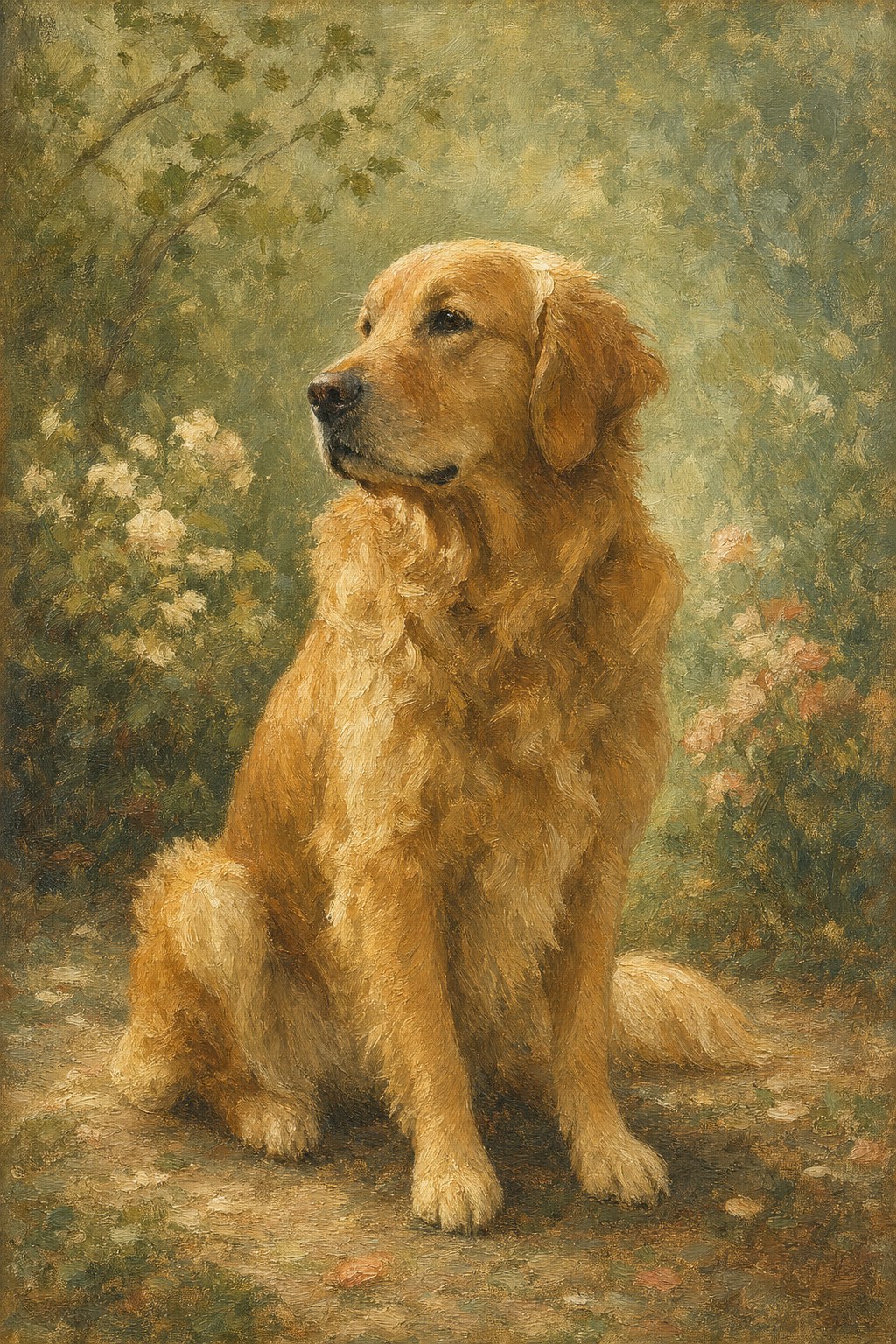 Illustrative painterly portrait of a golden retriever in a garden