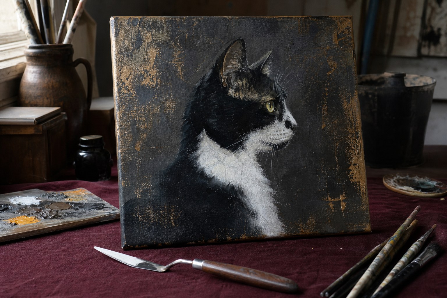 A black and white cat painted on a dark canvas with layered brushwork and gold accents
