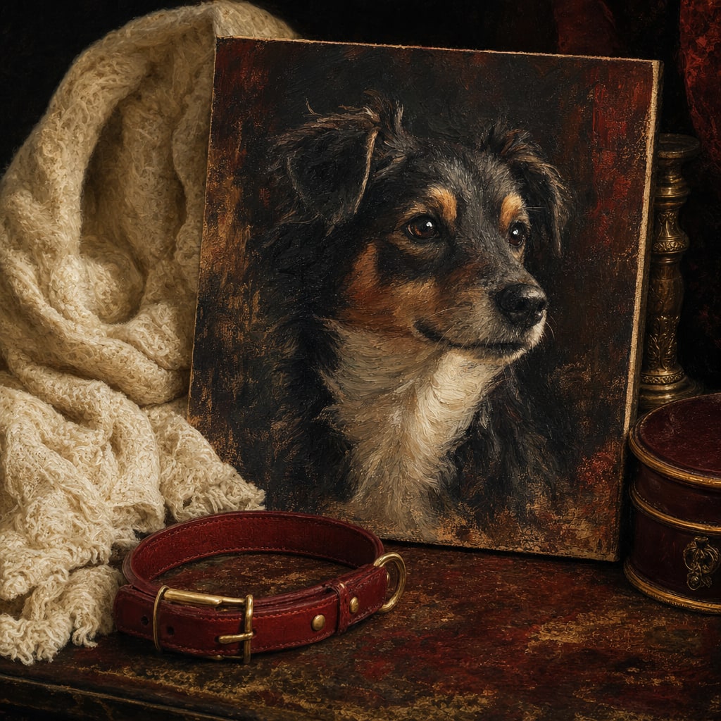A painted pet portrait beside a familiar red collar and cream blanket