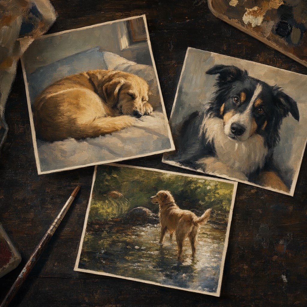 A small group of everyday dog reference photos arranged on an artist's table
