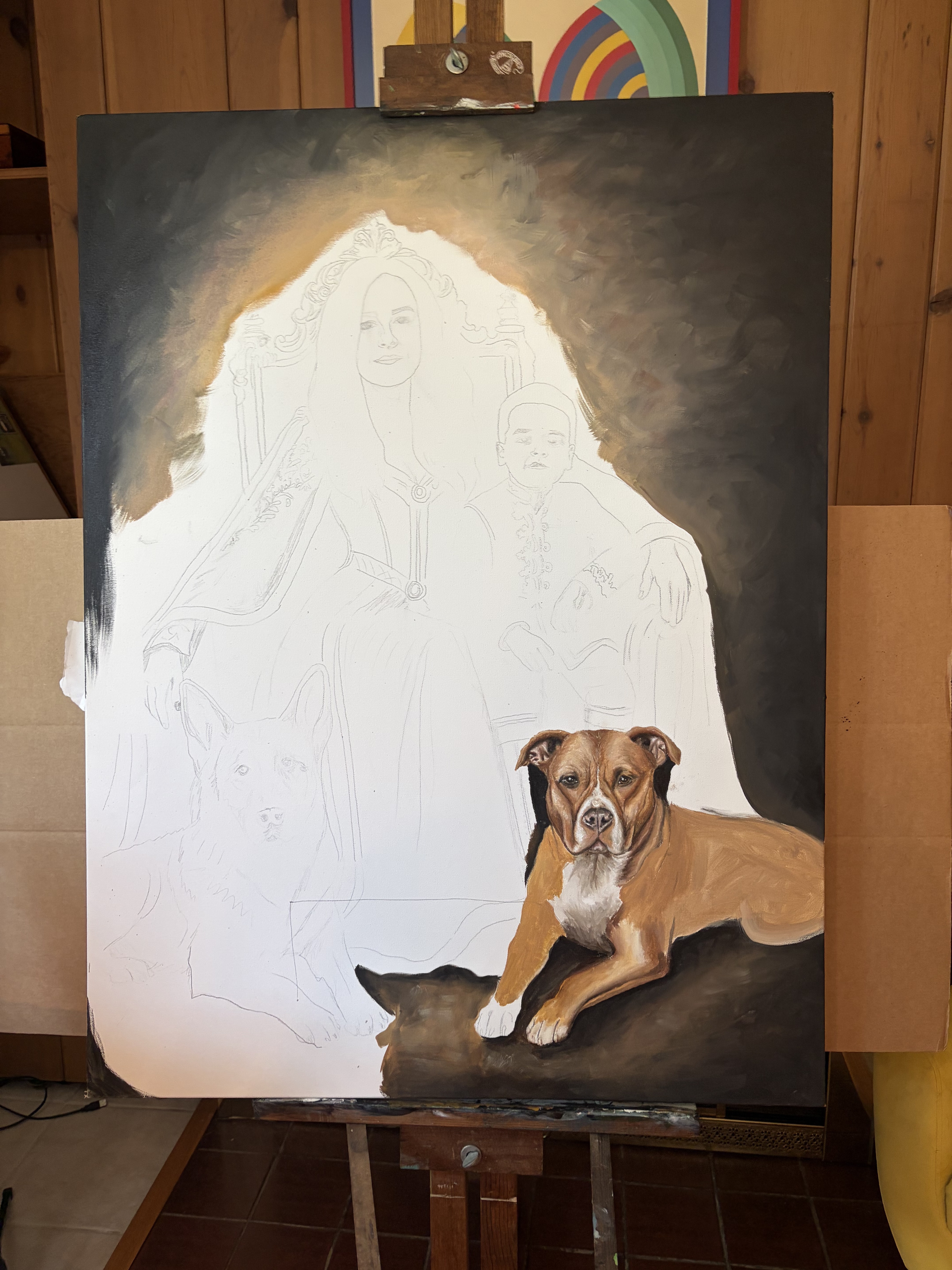 A large oil painting in progress on an easel