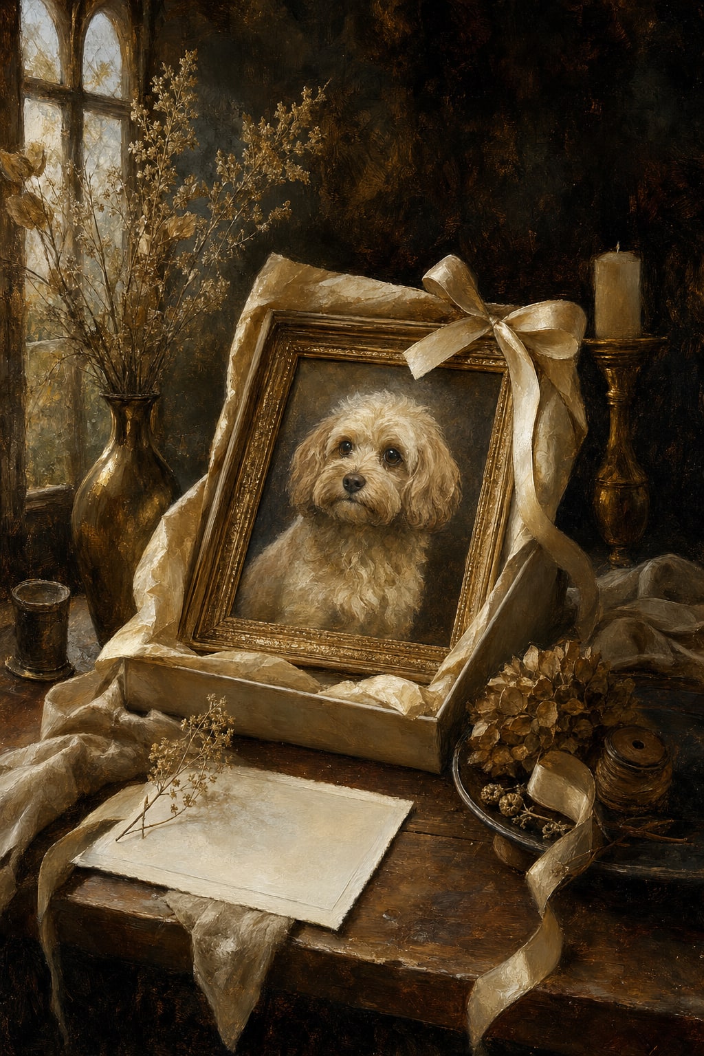 A framed painted dog portrait prepared as a wrapped gift on an artist's table