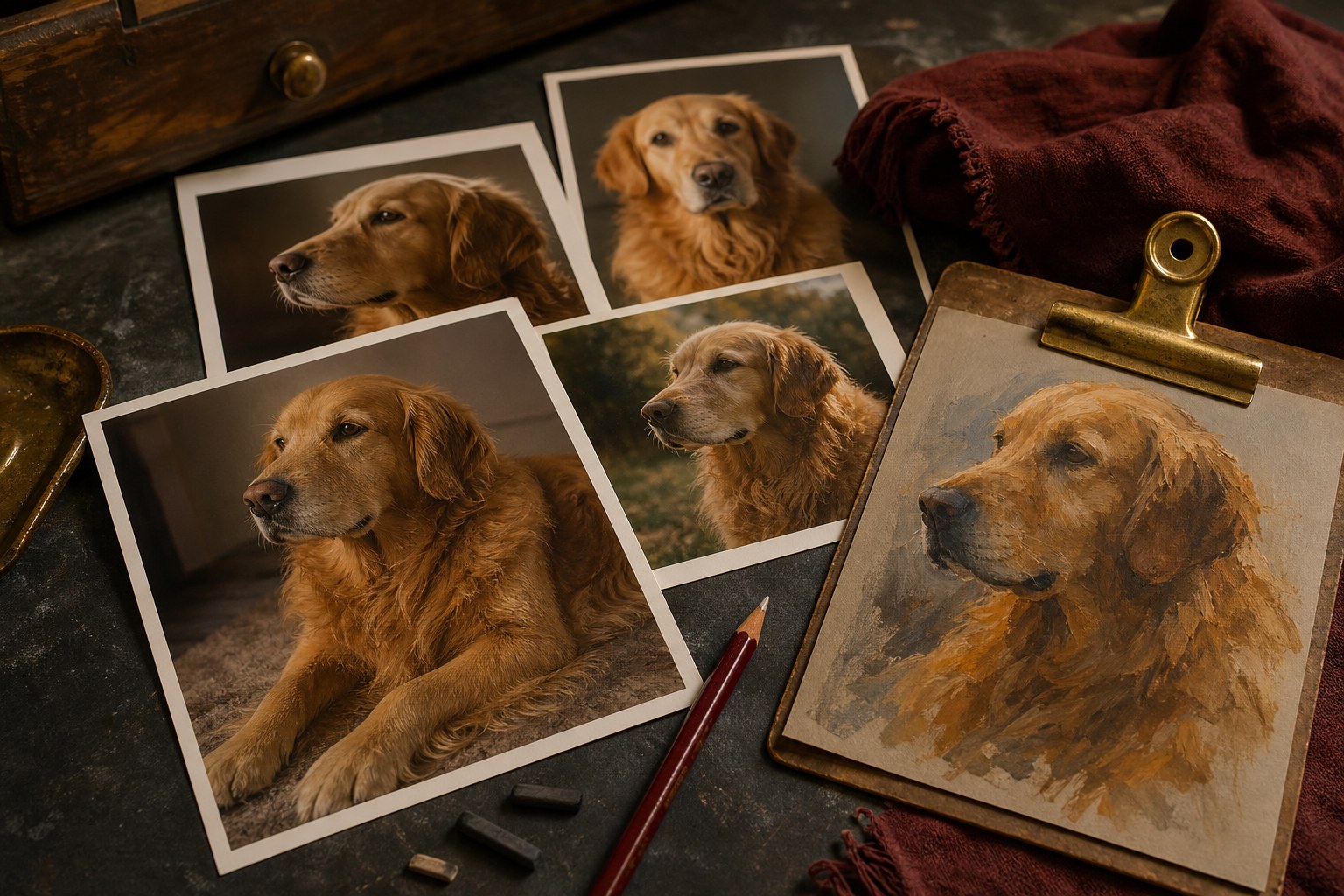 Reference photos of a golden retriever arranged with a painted study on an artist's table