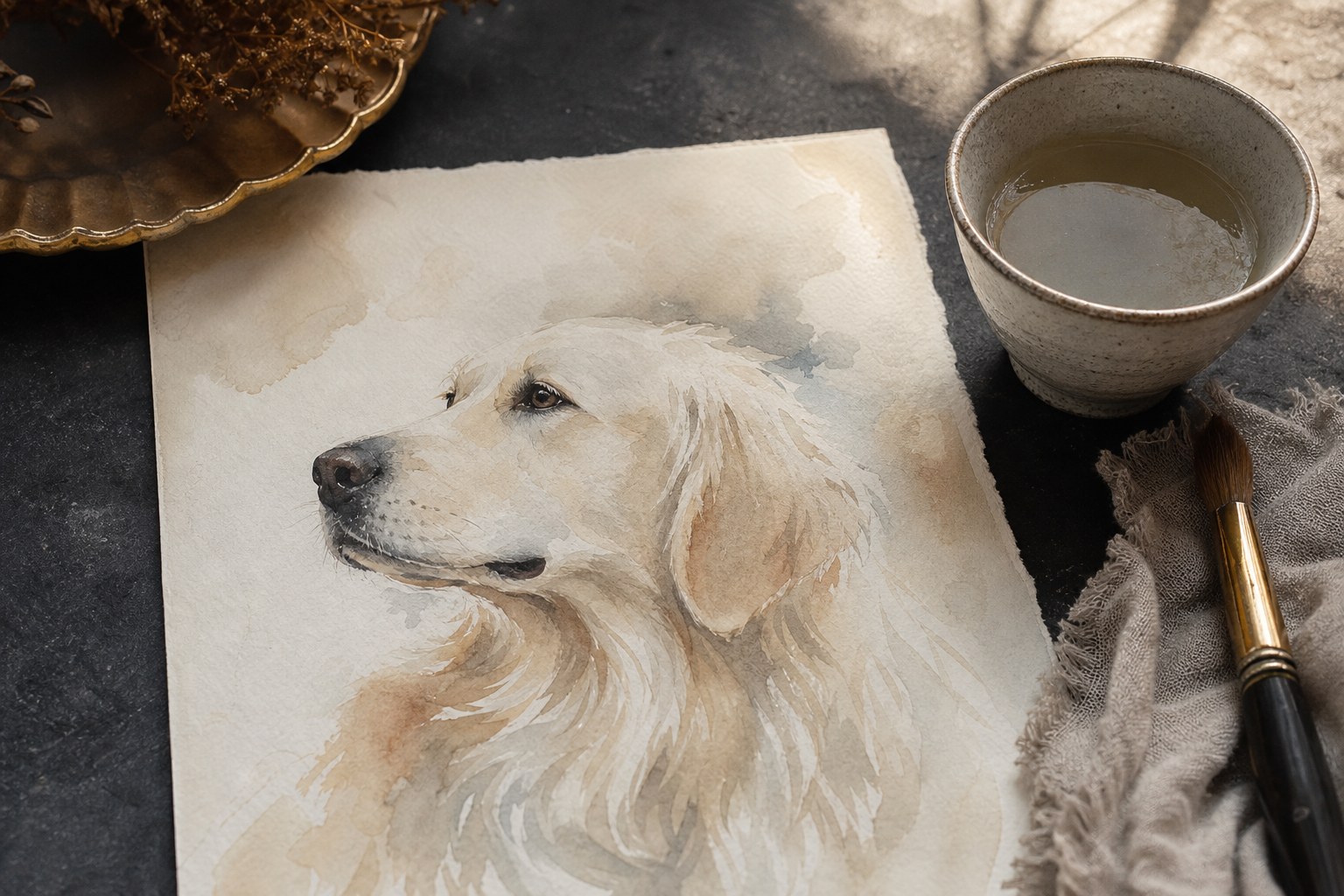 A light watercolor-style dog portrait on textured paper beside a water cup and brush