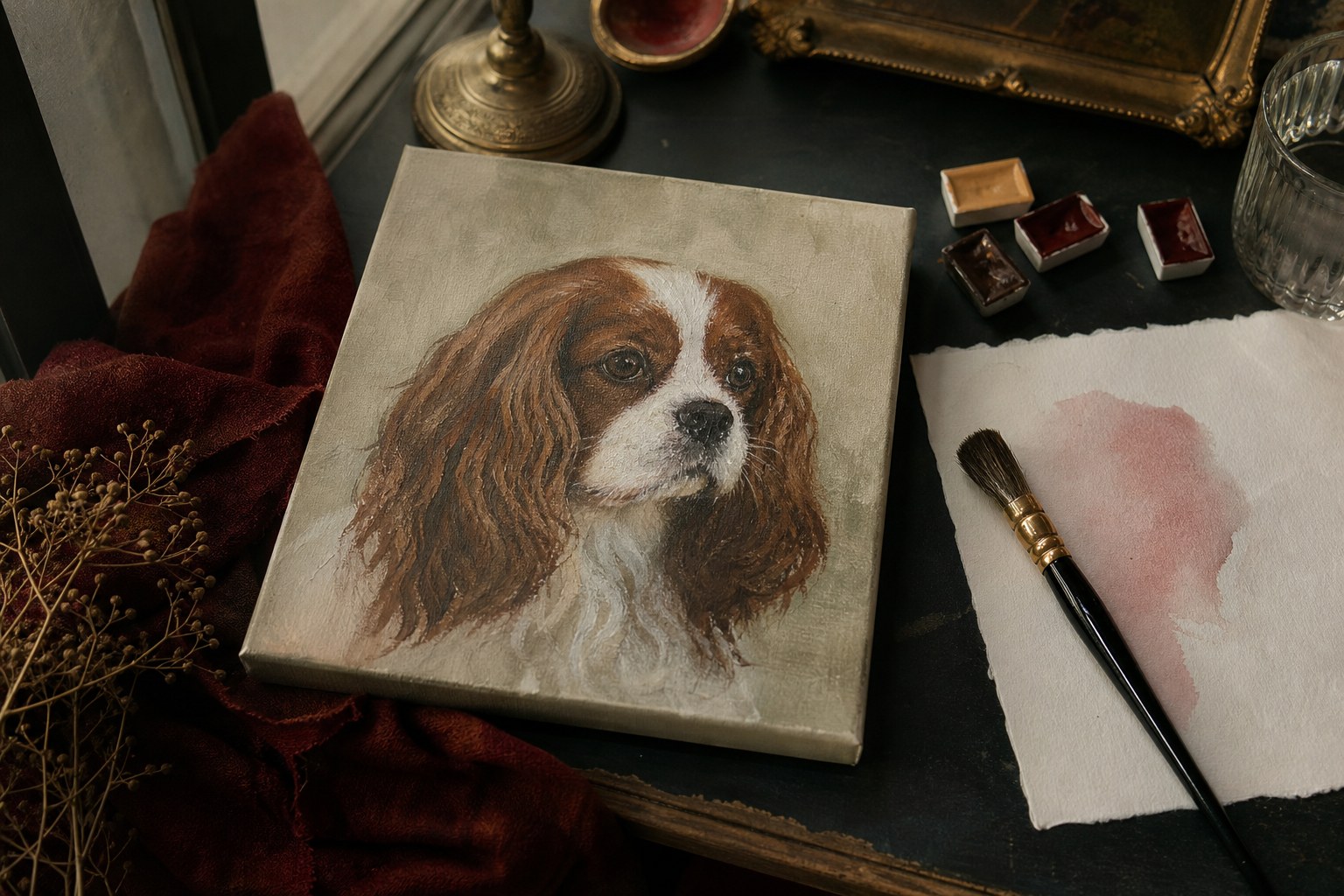 A hand-painted dog portrait on canvas beside watercolor paper and brushes in a warm studio