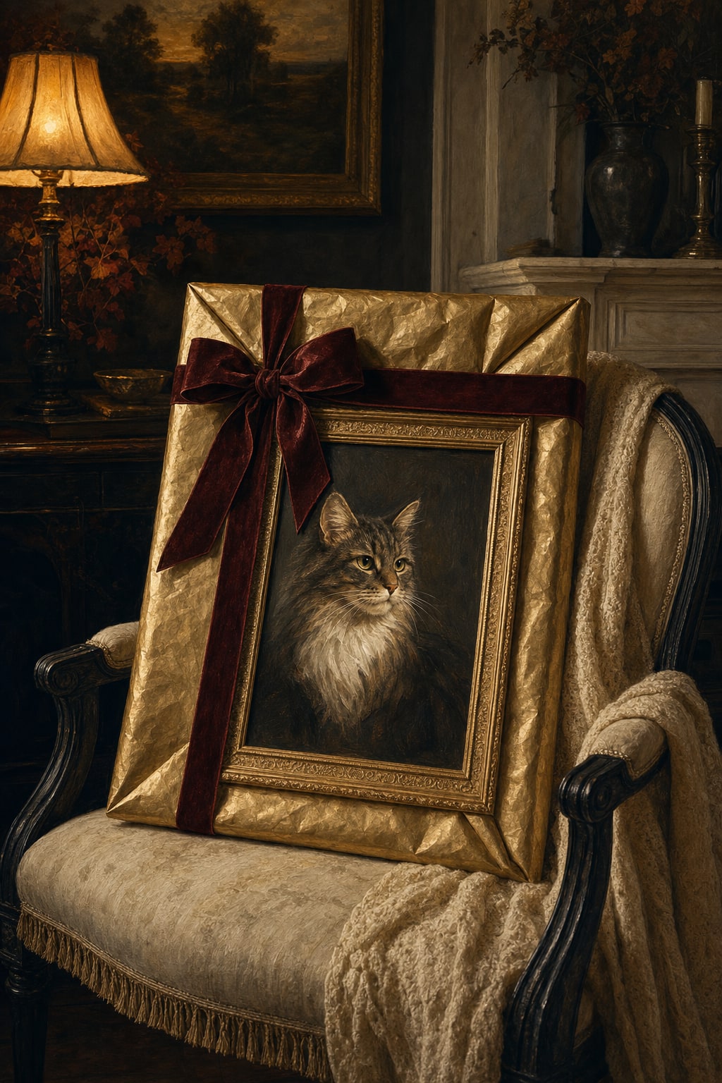 A wrapped framed cat portrait gift resting in a warmly lit room