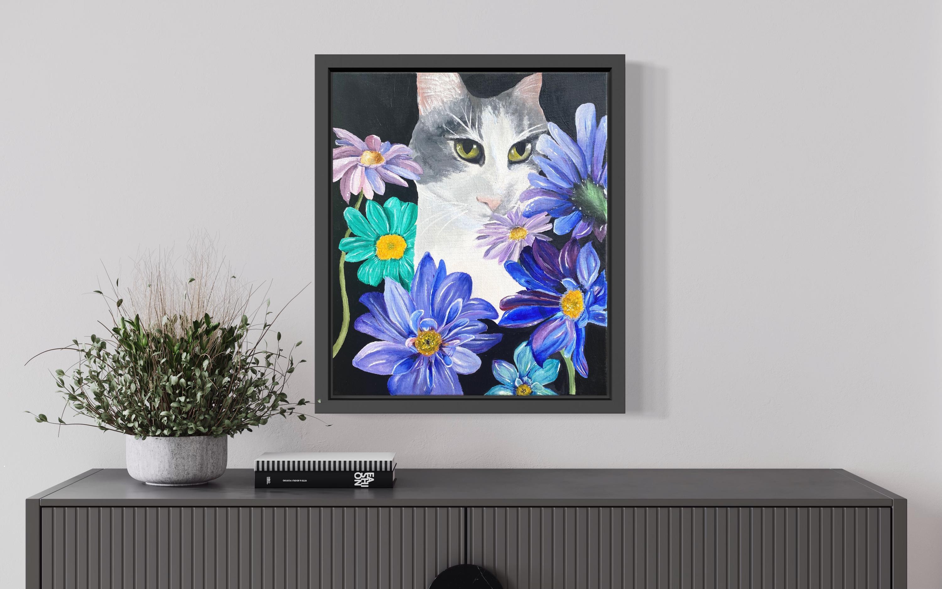Cat & Floral Acrylic Painting on Canvas – 24” x 30” Original Artwork