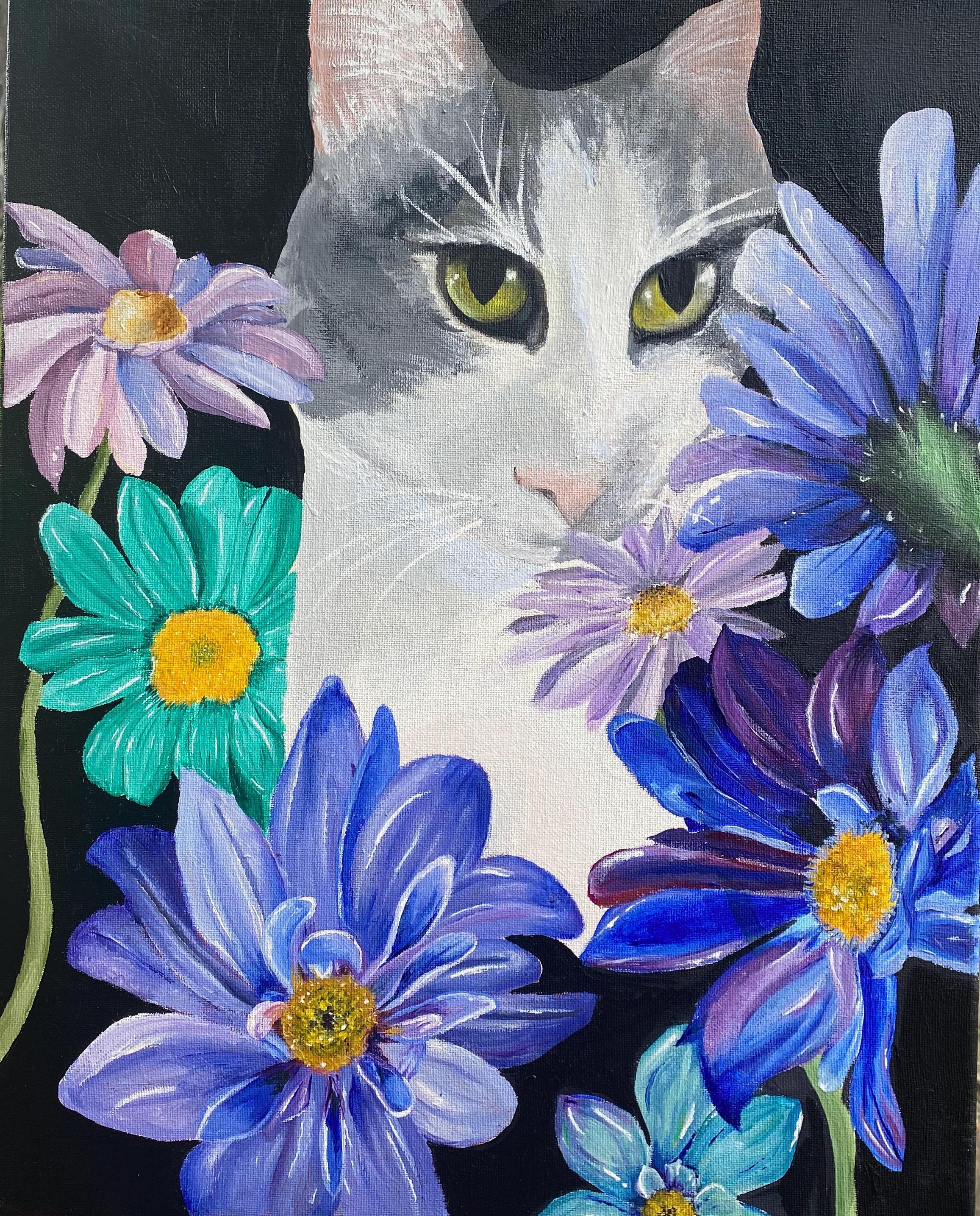 Cat & Floral Acrylic Painting on Canvas – 24” x 30” Original Artwork