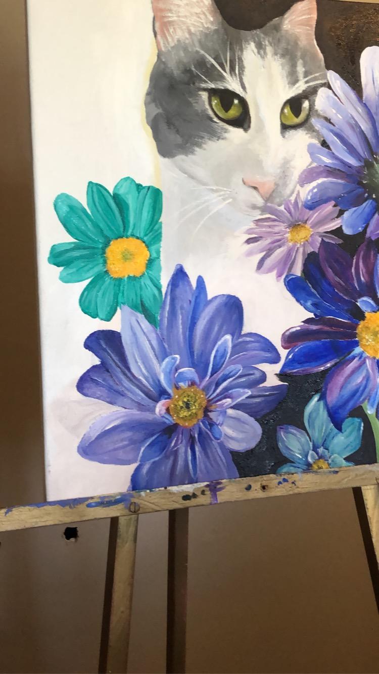 Cat & Floral Acrylic Painting on Canvas – 24” x 30” Original Artwork, view 3