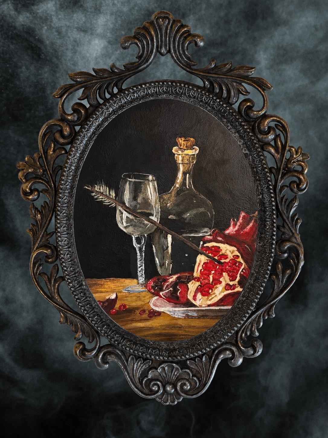Gothic Pomegranate Still Life Art: Dark Academia Wine Painting
