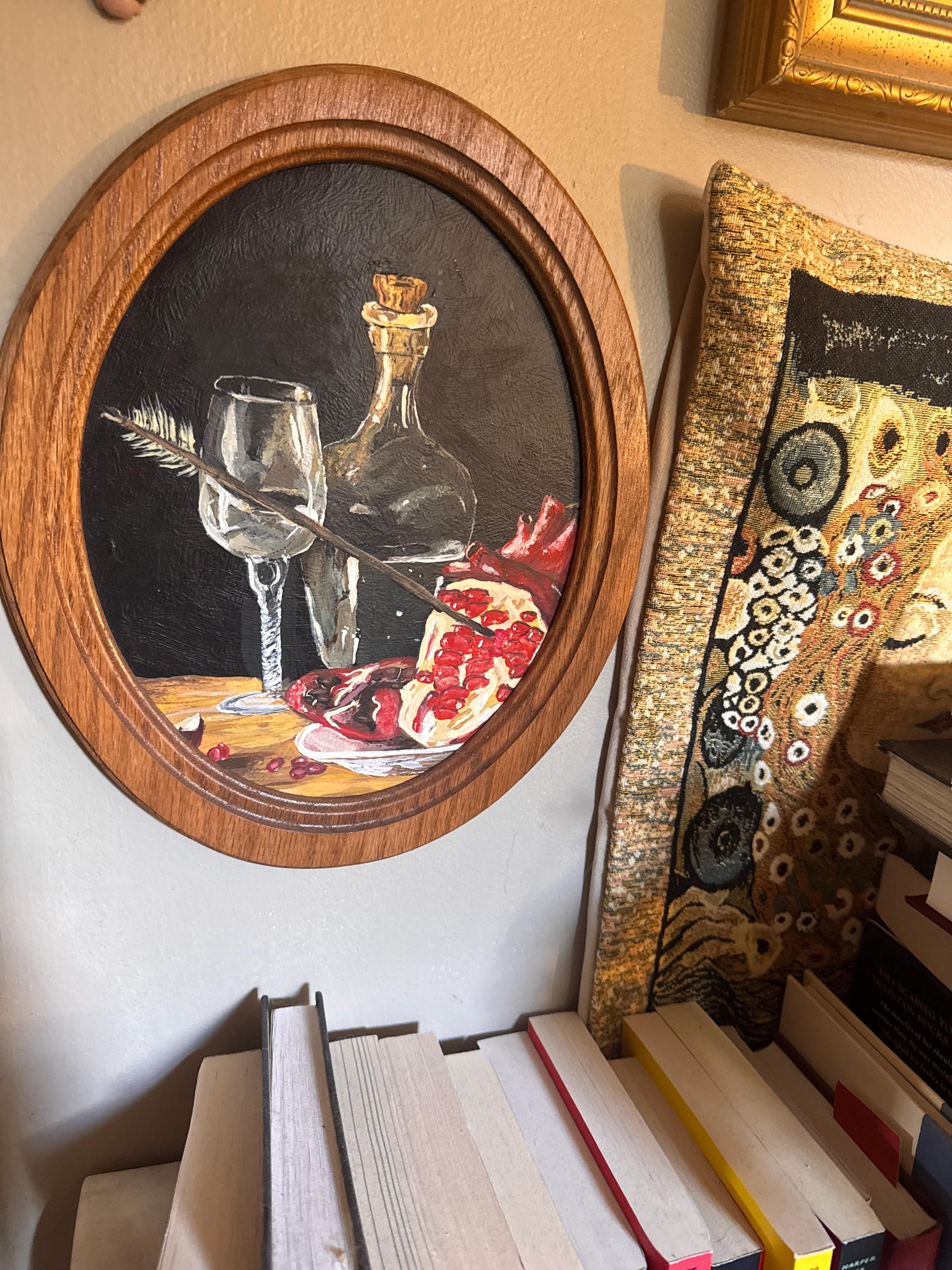 Gothic Pomegranate Still Life Art: Dark Academia Wine Painting
