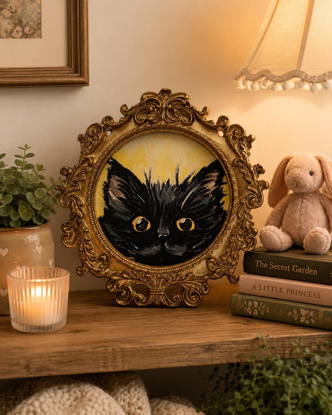 Black cat in miniature frame