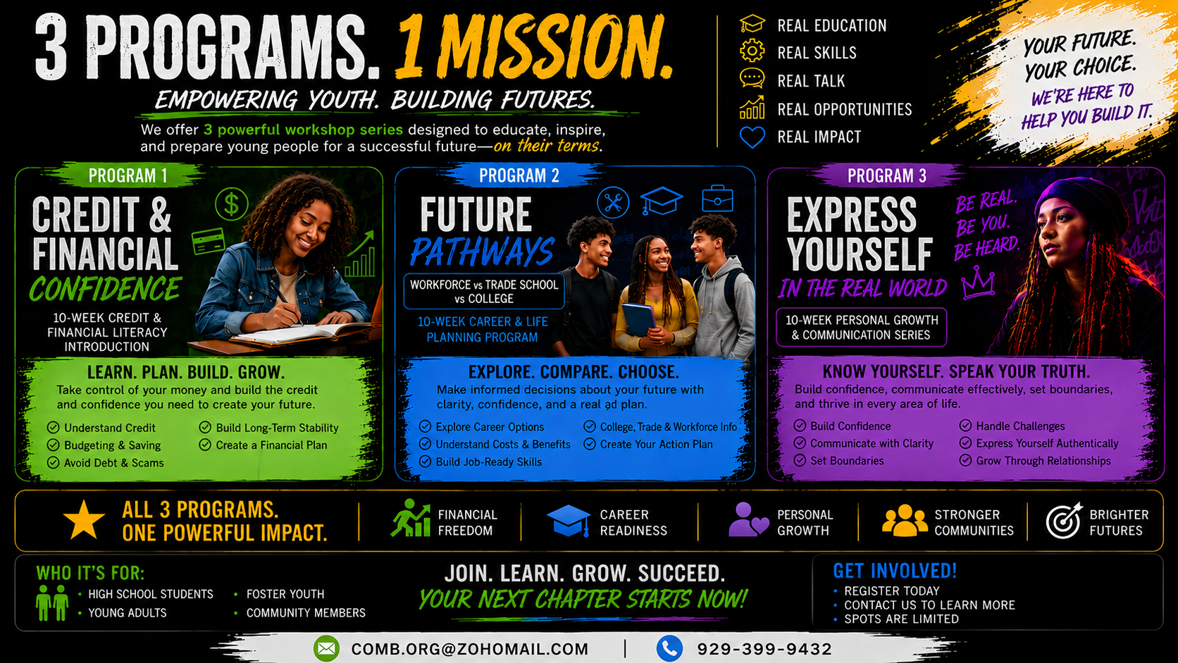 C.O.M.B. poster describing its three youth programs