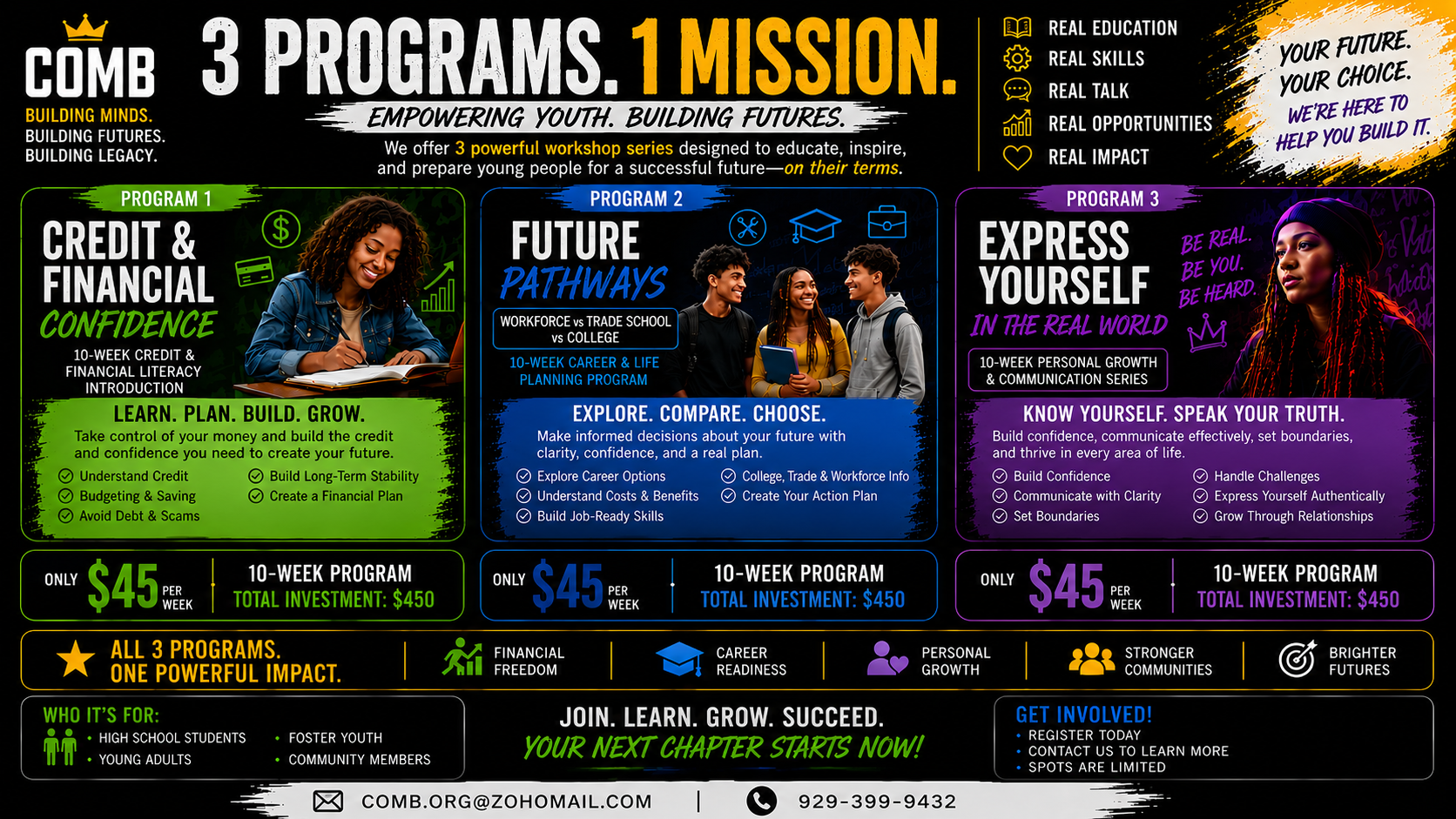 C.O.M.B. flyer outlining Credit and Financial Confidence, Future Pathways, and Express Yourself workshops