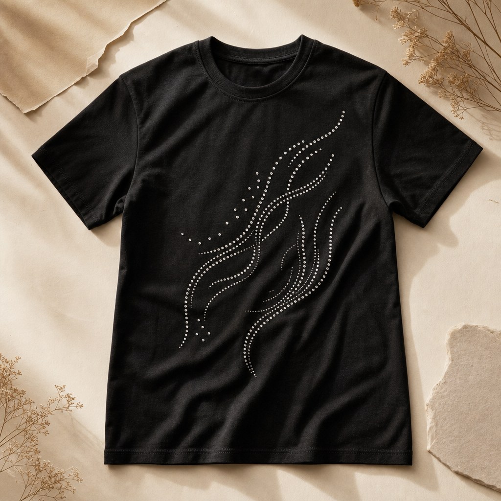 Black T-shirt with an abstract silver rhinestone design