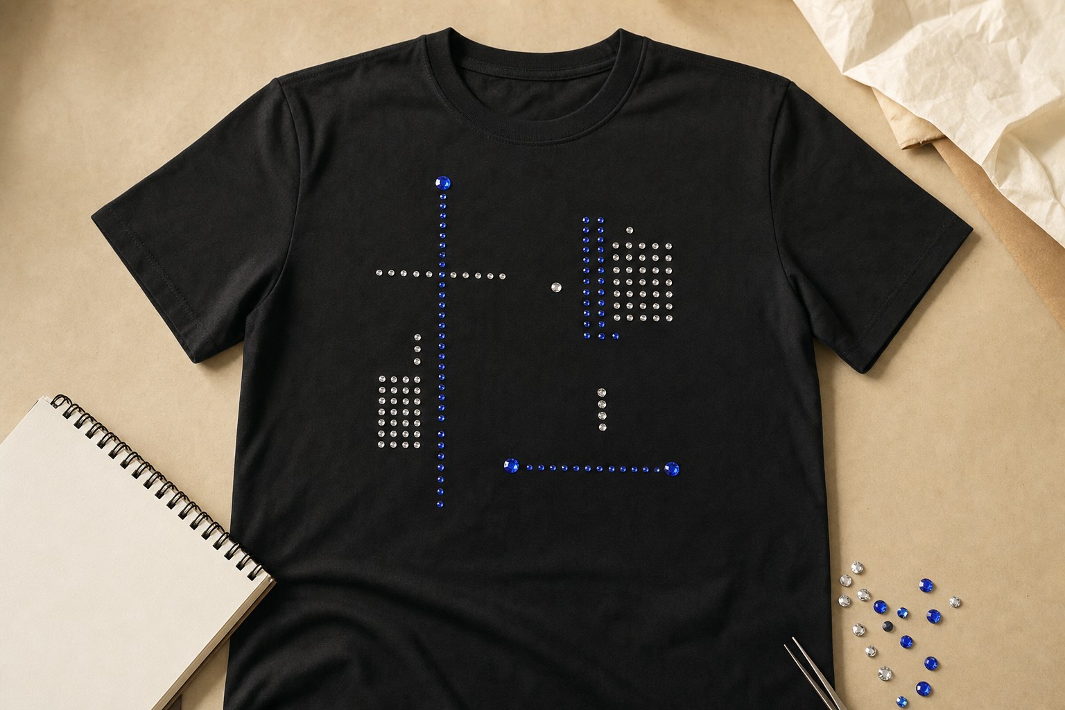 Black T-shirt with a geometric blue and clear rhinestone design on a warm paper surface