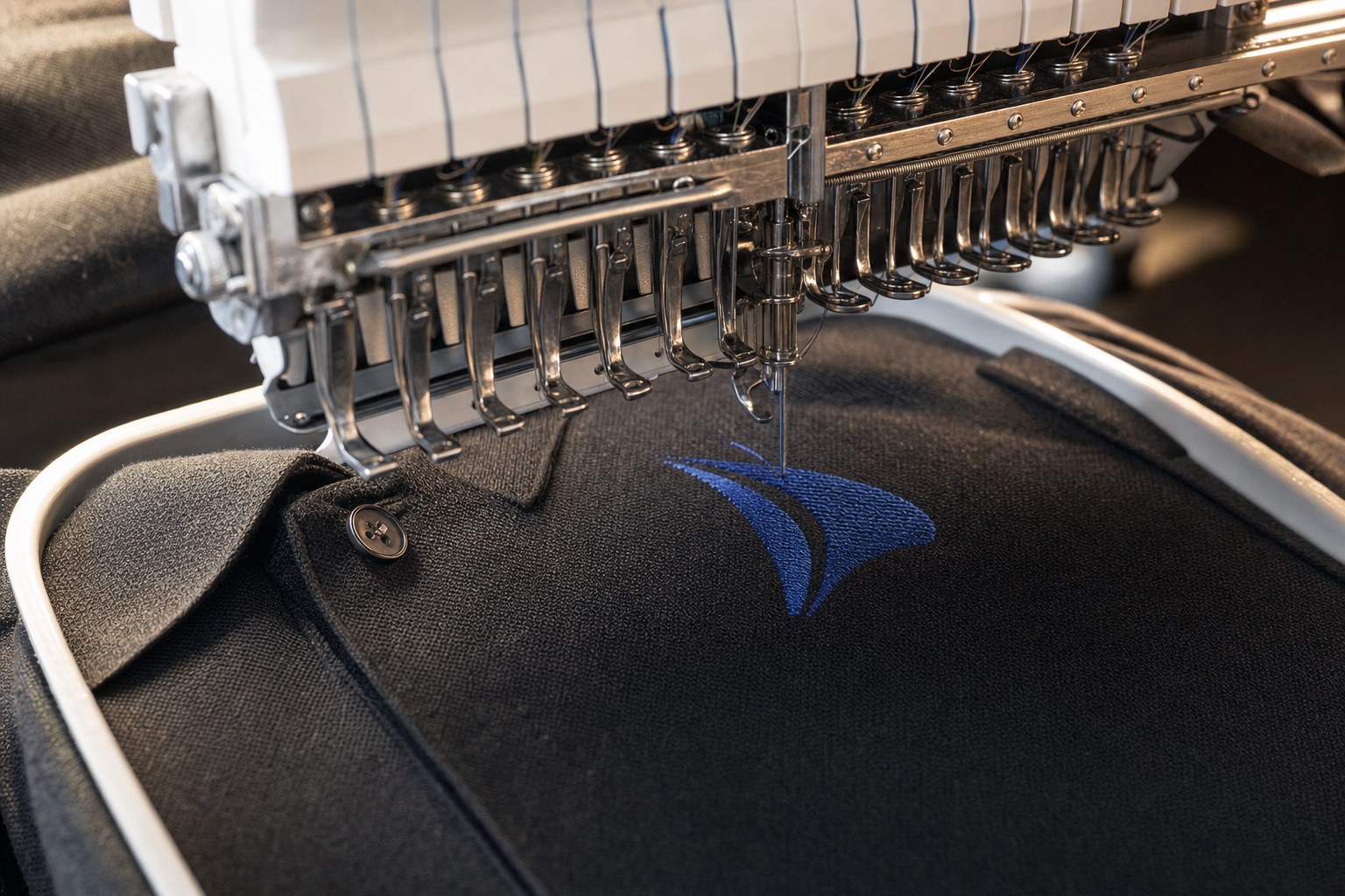 Close-up of embroidered thread detail on custom apparel