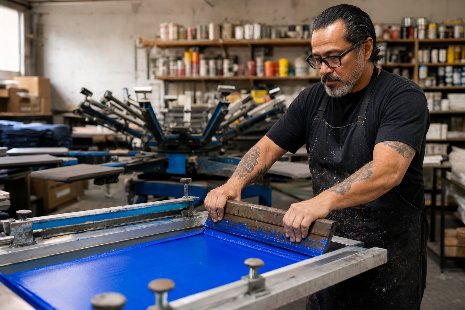 Screen printer at work in a print shop