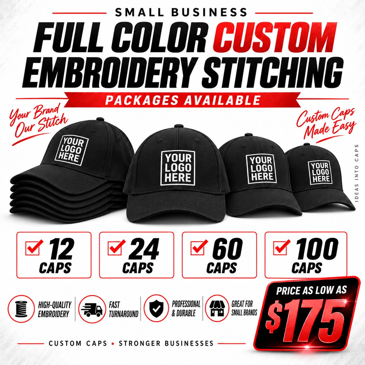 Full-color custom embroidery package for caps