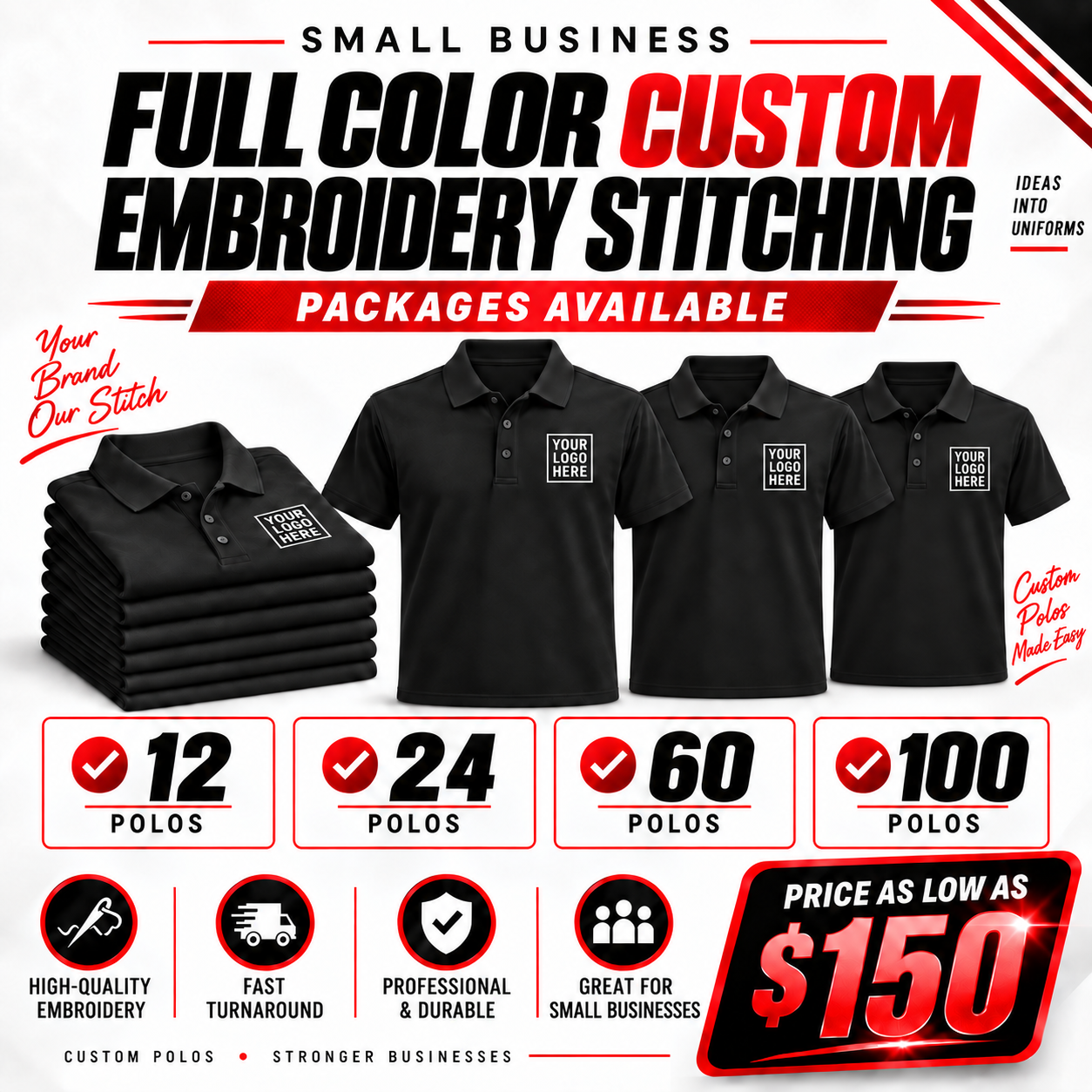 Full-color custom embroidery package for polos