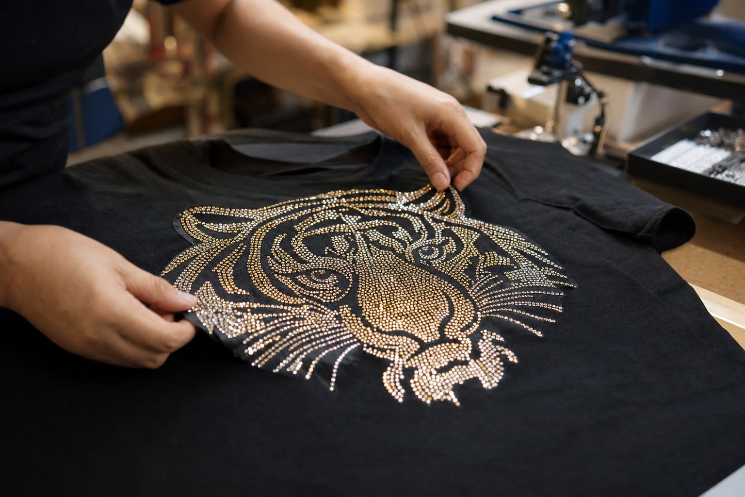 Black shirt with a sparkling rhinestone design