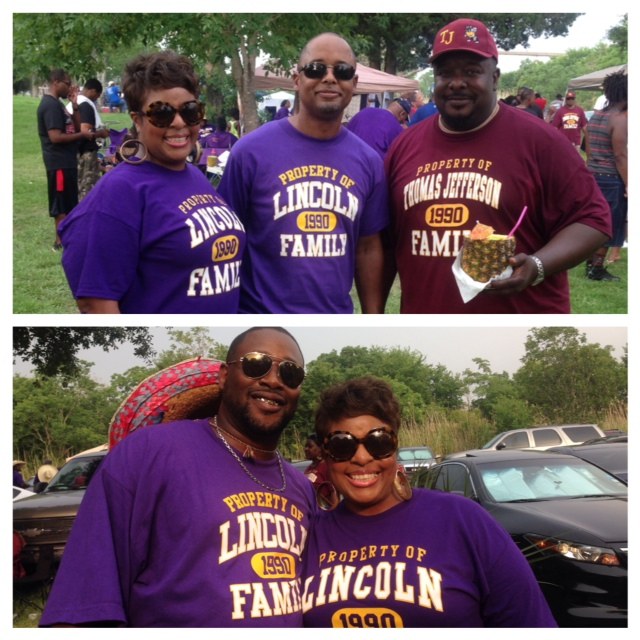 Customers wearing custom Lincoln shirts at a gathering