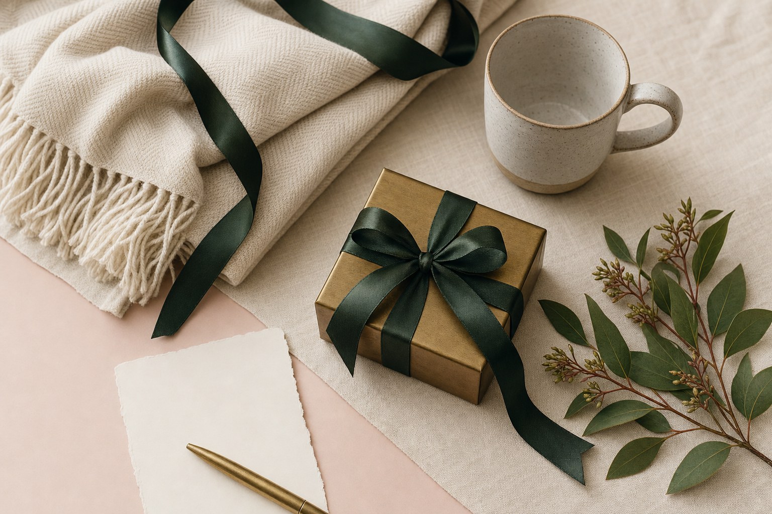 A wrapped gold gift, folded cream throw, ceramic mug, and blank note card on ivory linen