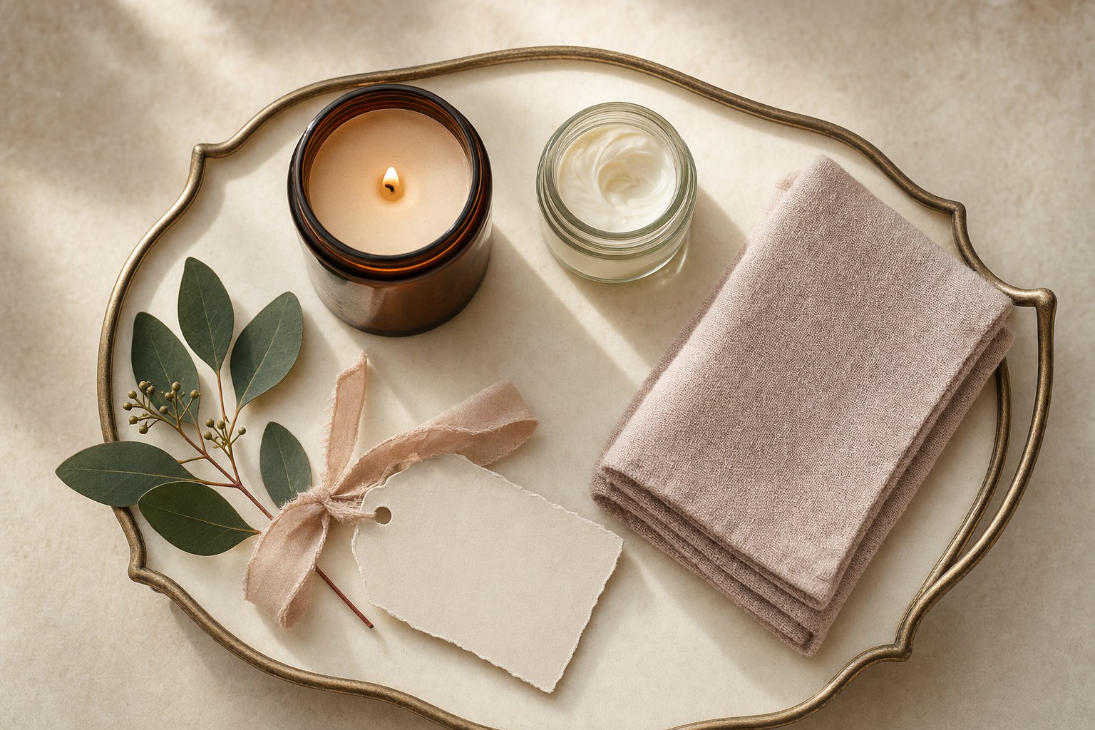 An amber candle, skincare jar, soft cloth, and blank gift tag on a brass tray