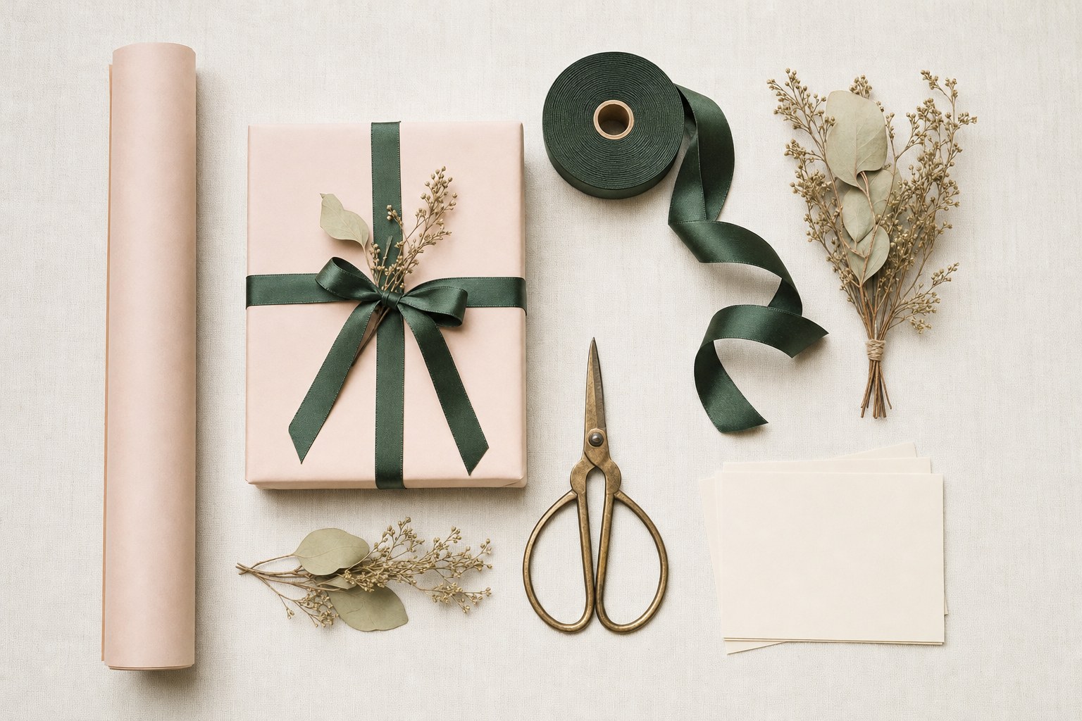 Blush gift wrap, forest-green ribbon, brass scissors, and blank note cards