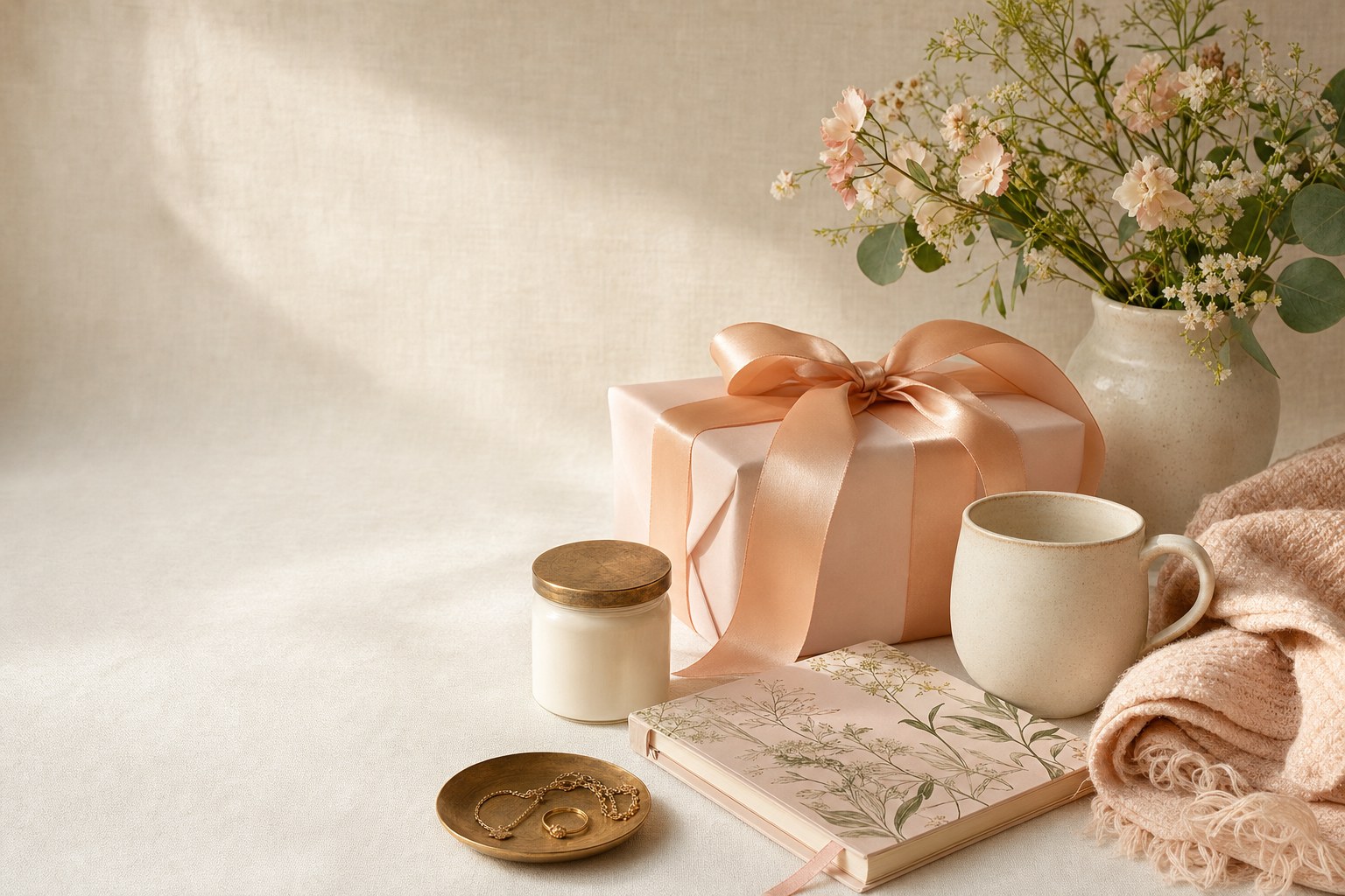 A gift box, candle, jewelry, and decorative finds arranged on warm cream linen