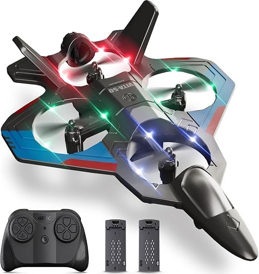 Black 4DRC jet-style remote-control airplane with colorful LED lights, controller, and two batteries