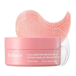 Pink BIODANCE Collagen Peptide Eye Patches jar with a hydrogel eye patch and clear spatula