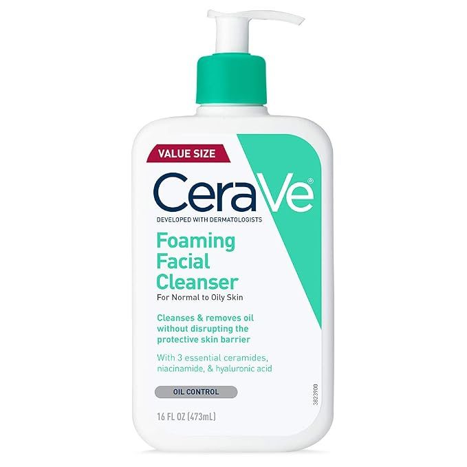 CeraVe Foaming Facial Cleanser, white bottle with a green pump, 16 fl oz