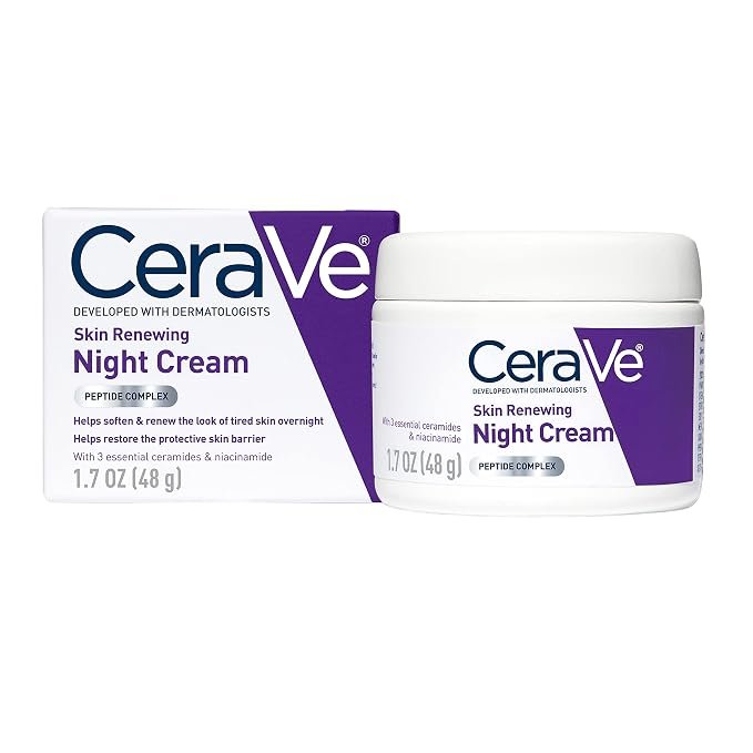 CeraVe Skin Renewing Night Cream jar and purple-and-white box, 1.7 oz