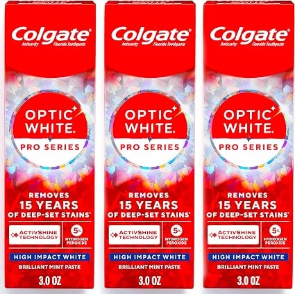 Three red Colgate Optic White Pro Series High Impact White toothpaste boxes, Brilliant Mint, 3 oz each