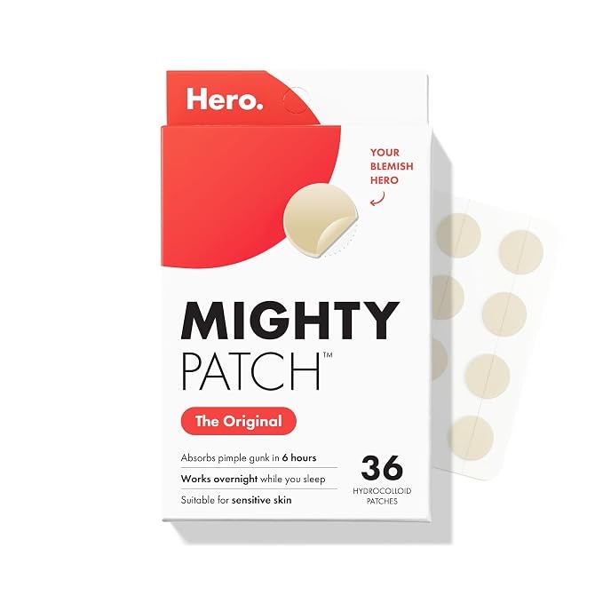 Red and white Hero Mighty Patch Original box with a sheet of hydrocolloid patches, 36 count
