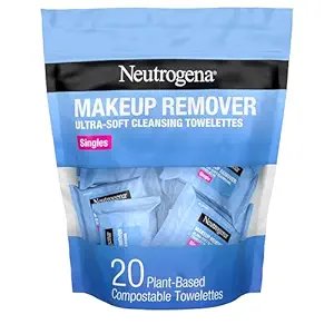 Blue Neutrogena Makeup Remover Singles bag containing 20 individually wrapped cleansing wipes