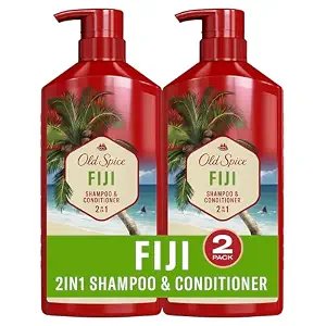 Two red Old Spice Fiji 2-in-1 Shampoo and Conditioner pump bottles