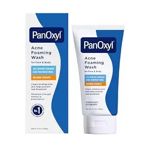 Blue and white PanOxyl Acne Foaming Wash tube and box, 10% benzoyl peroxide, 5.5 oz