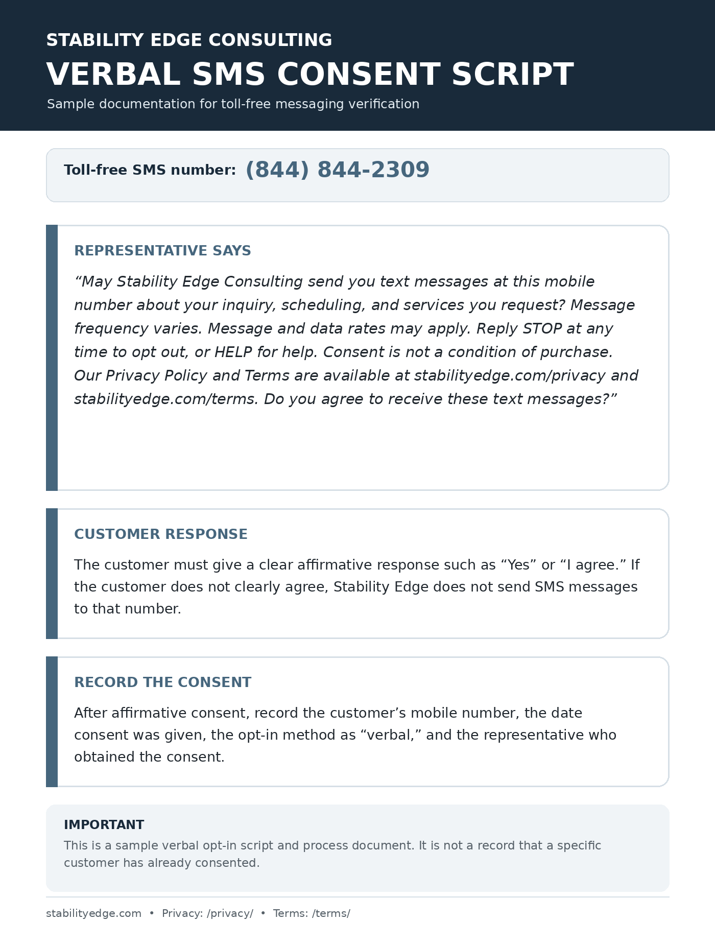 Stability Edge Consulting verbal SMS consent script