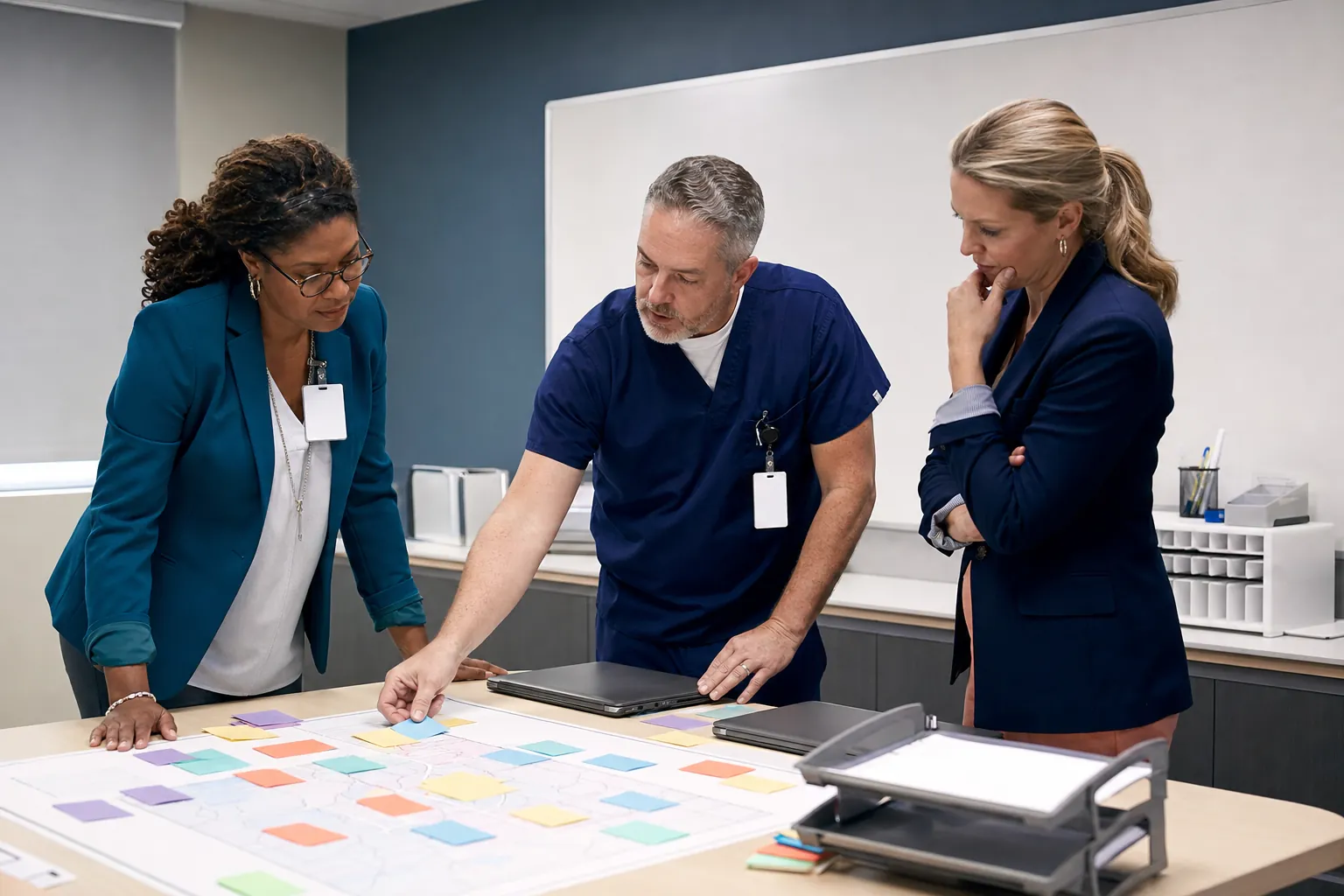 Healthcare leaders reviewing workflow cards during a governance planning huddle