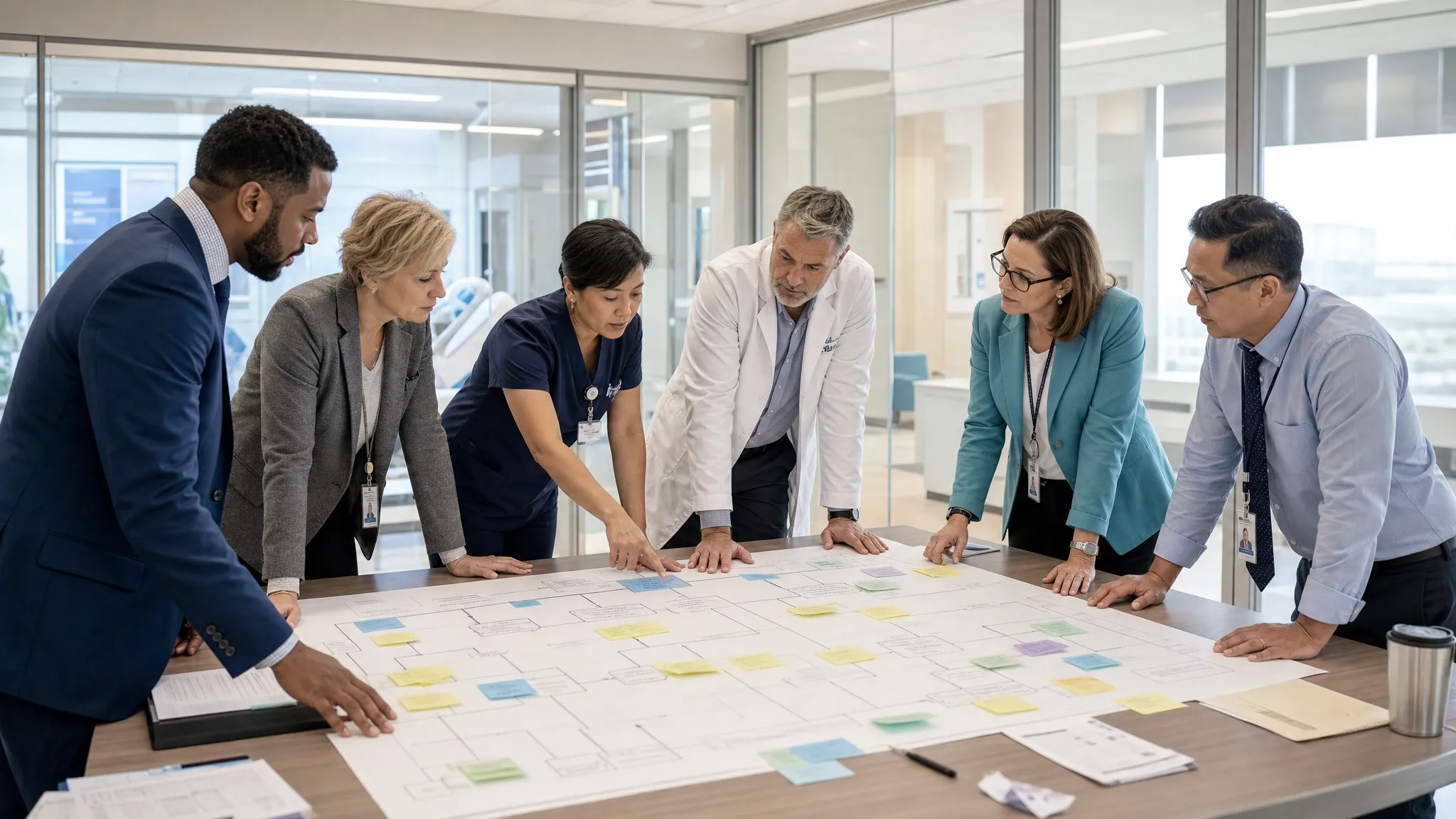 Healthcare leaders reviewing an EHR change-management workflow together