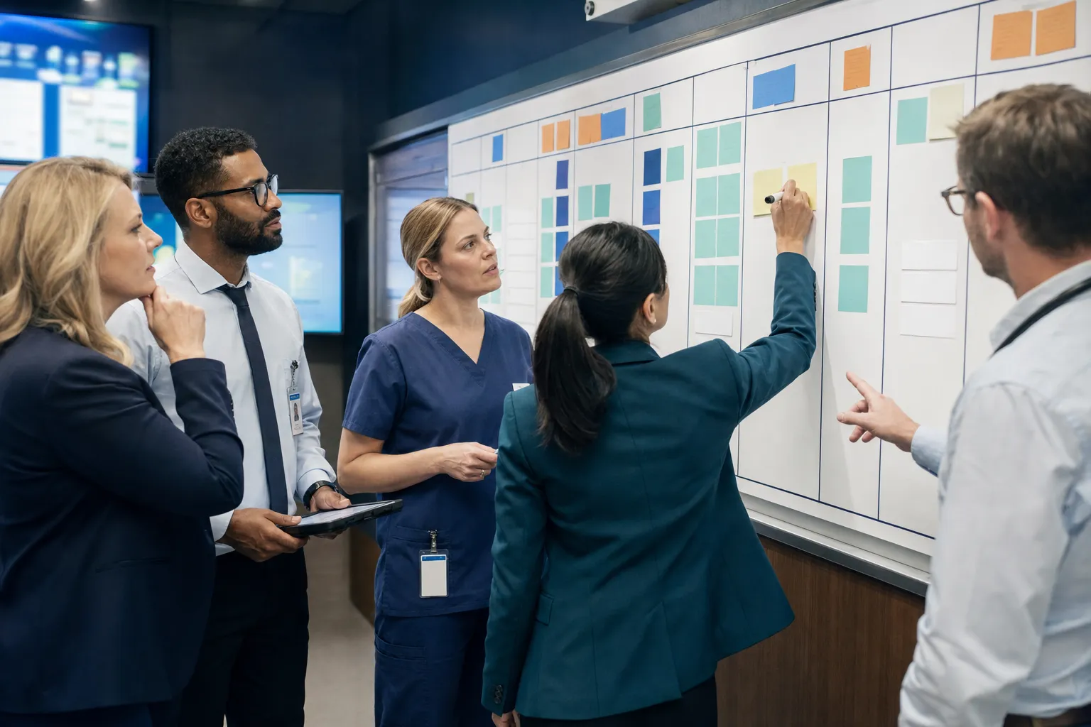 Healthcare leaders reviewing a go-live issue board together
