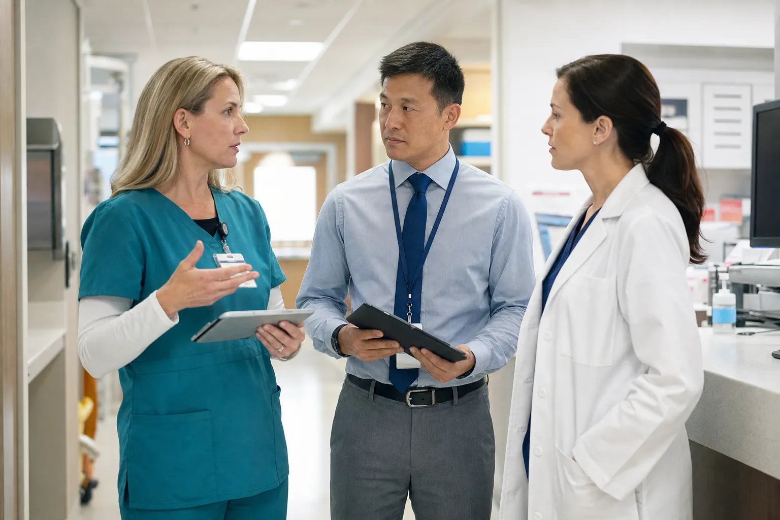 Healthcare leaders reviewing workflow changes and decisions together