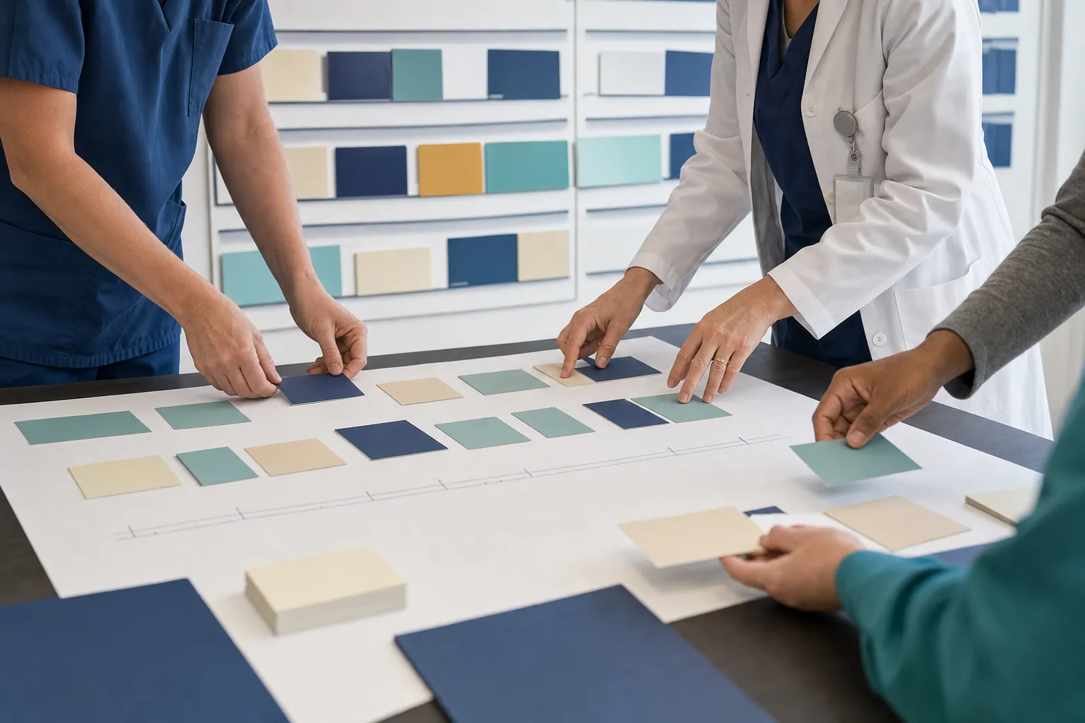 Healthcare team mapping an EHR go-live plan with workflow cards