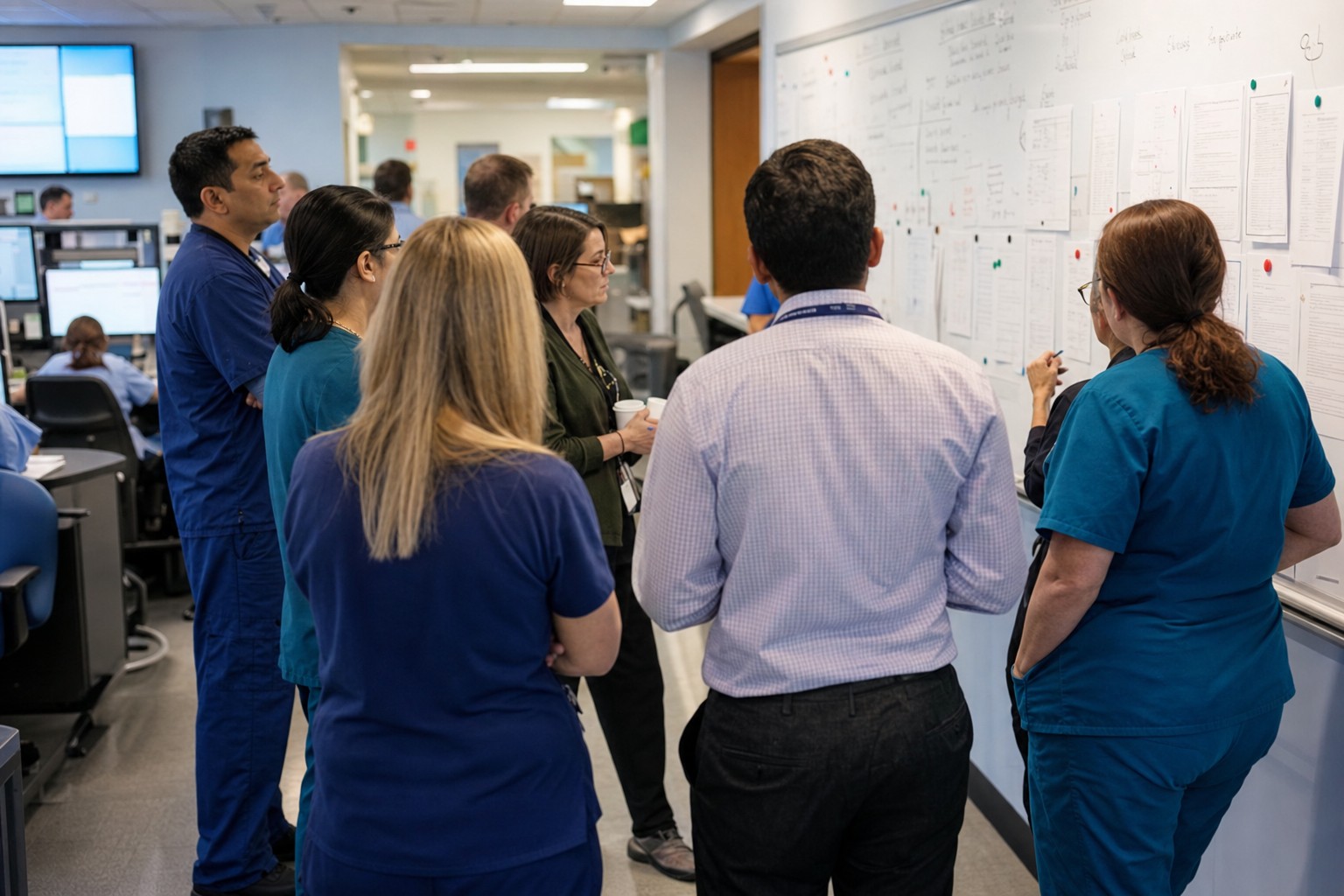Healthcare team reviewing EHR go-live support issues in a hospital command center