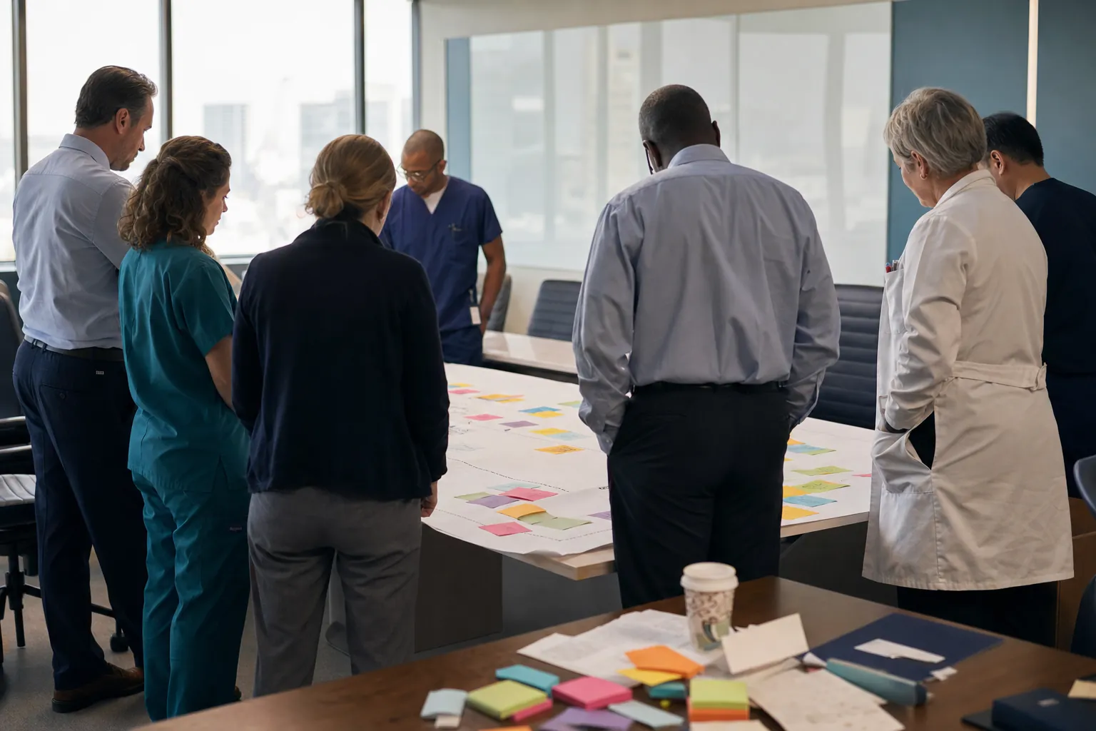 Healthcare leaders reviewing an EHR implementation workflow map