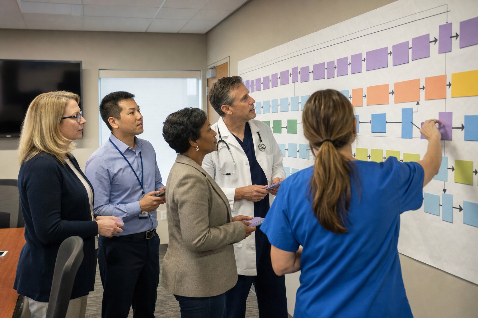 Healthcare team mapping EHR transition communications across clinical and operational roles